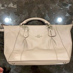 Grey/beige leather Coach hobo bag with hand and remover shoulder straps.